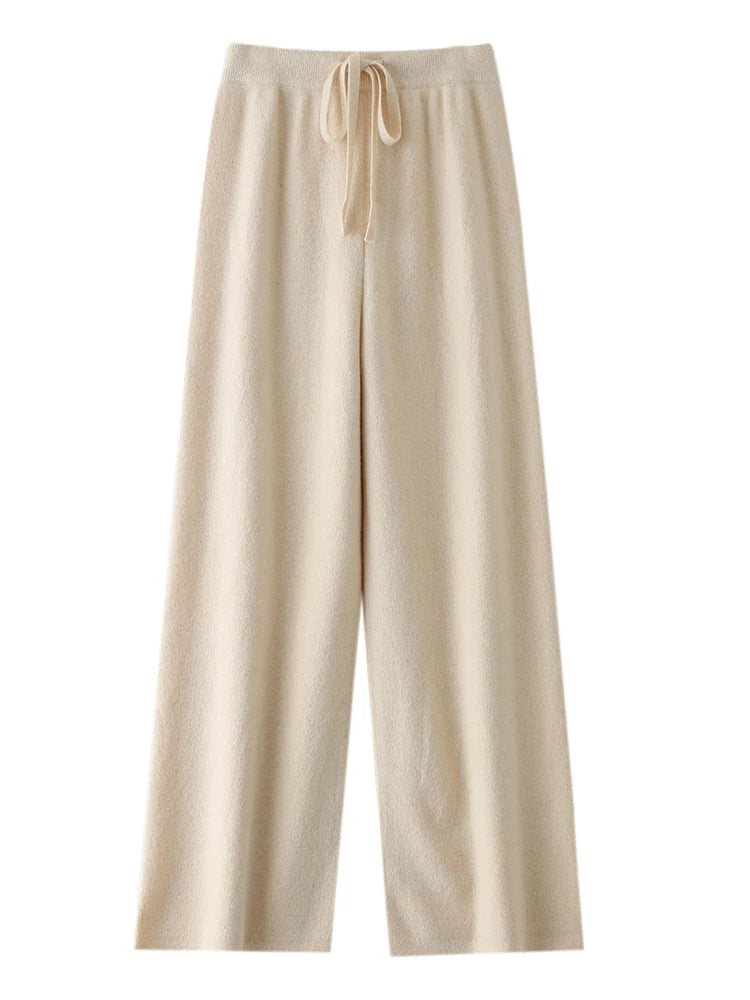 Chic Wide-Leg Pants Women's Autumn Winter Solid Color 100% Merino Wool Knitted Casual Loose Soft Thick Warm Popular Trousers