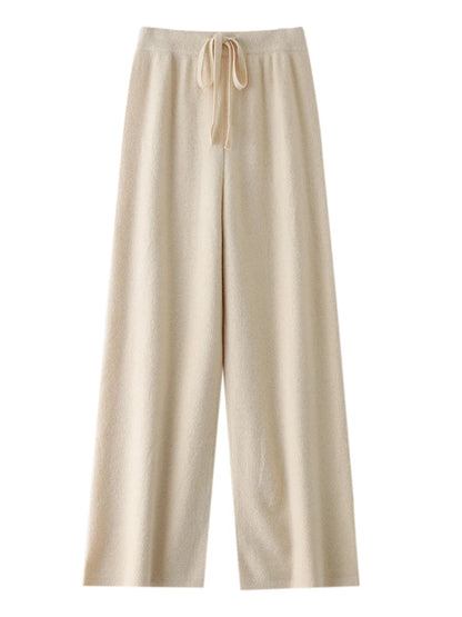 Chic Wide-Leg Pants Women's Autumn Winter Solid Color 100% Merino Wool Knitted Casual Loose Soft Thick Warm Popular Trousers