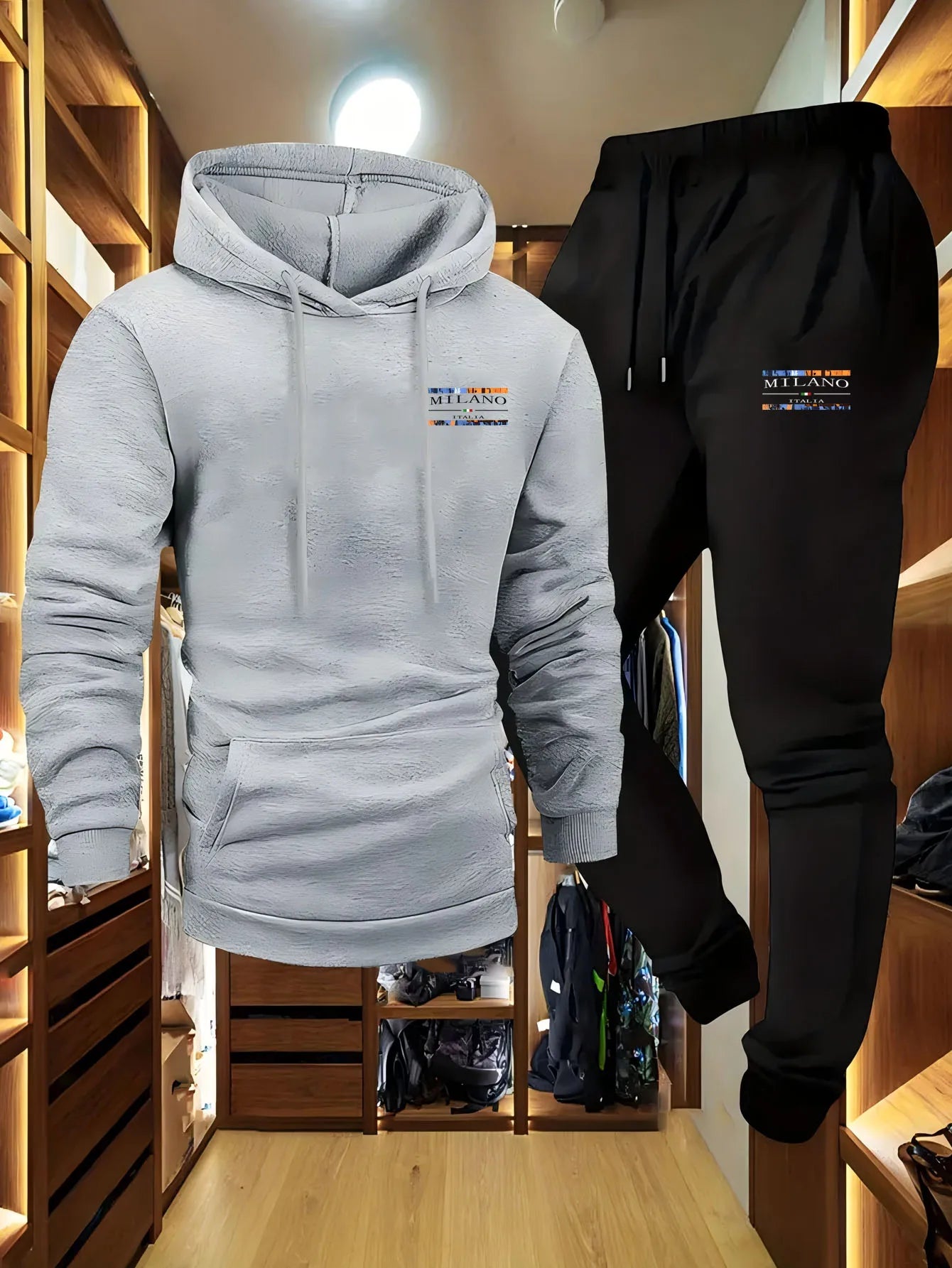 2-Piece Men's Casual Hooded Sweatshirt and Sweatpants Set - Los Angeles Letter Print Men's Outdoor Sports Set with Hooded Long S