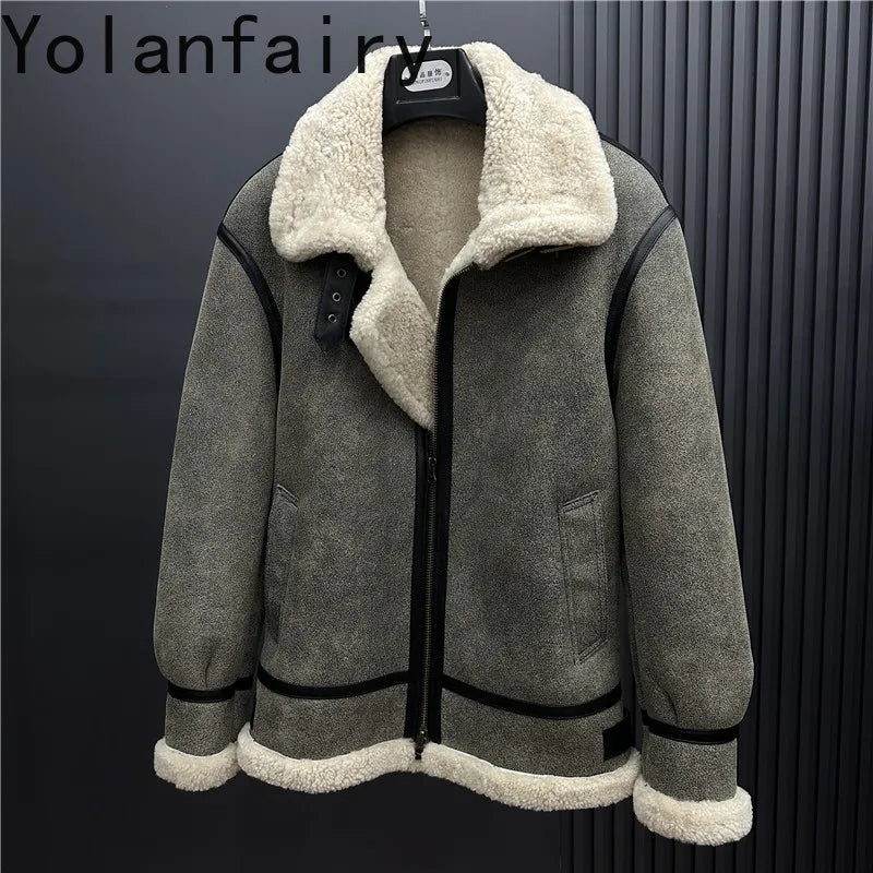 YOLANFAIRY New Natural Fur Coat Man Warm Hooded Winter Real Sheepskin Genuine Leather Jacket Men High Quality Leather Jackets