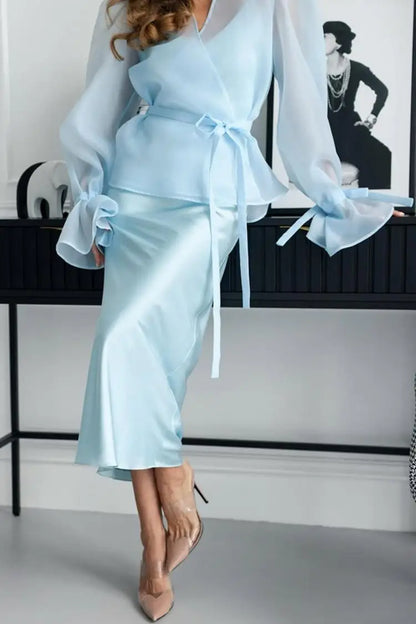 Elegant Shirt Style Satin Dress Women's High Waist Belted Long Sleeve Fashion Set High Quality Chinese Brand Summer Outfit