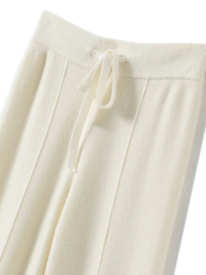 High Waist Knitted Wide Leg Pants Women's Autumn Winter Extended Floor Length Drawstring Straight Casual Loose Slimming
