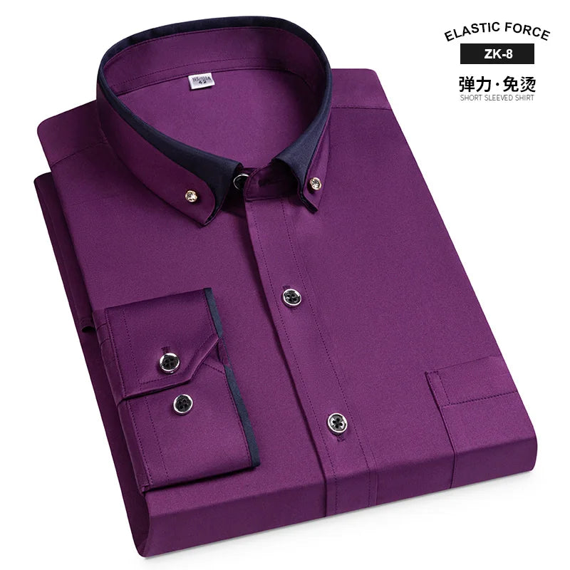 Fashion Color Contrast Men's Elastic Non-iron Long-sleeved Business Shirts Diamond Button Single Pocket Comfort Workwear Clothes
