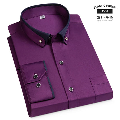 Fashion Color Contrast Men's Elastic Non-iron Long-sleeved Business Shirts Diamond Button Single Pocket Comfort Workwear Clothes