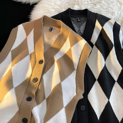 Autumn Winter Men Casual Checkerboard Comfortable Versatile Breathable Warm Vest Cardigan New Men Sports Leisure Warm Knit Vest