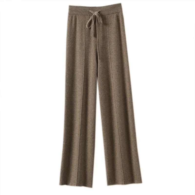 High Waist Knitted Wide Leg Pants Women's Autumn Winter Extended Floor Length Drawstring Straight Casual Loose Slimming