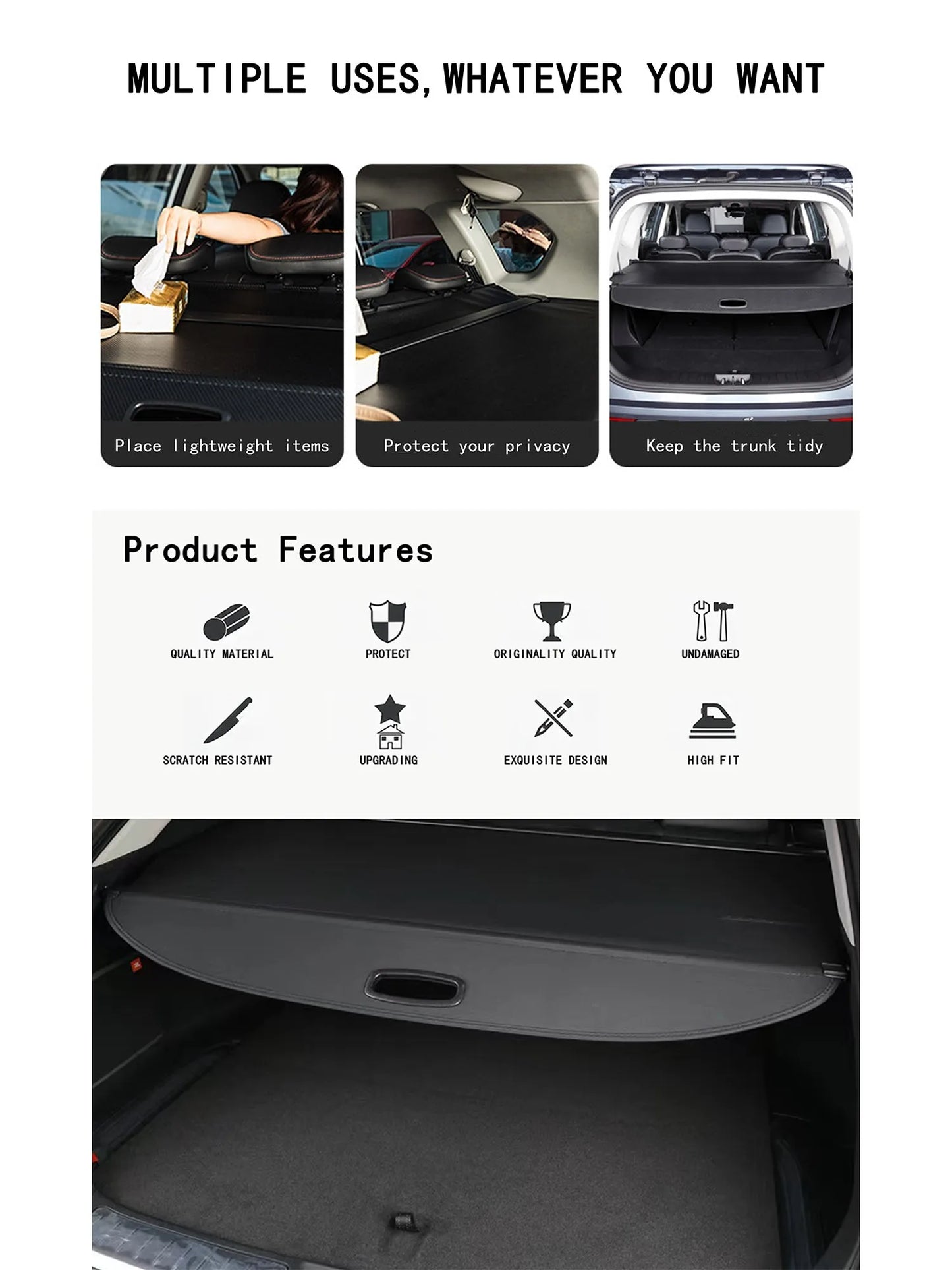 Retractable Rear Trunk Cargo Cover Fit for GMC Yukon & Yukon XL 2021-2025 Luggage Shade Shield Storage Curtain Black