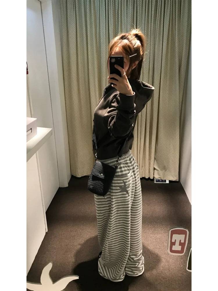 Unique Street Style Korean Lazy Star Embroidery Striped Sweatpants Casual Sporty Long Trousers for Women Straight Leg Pants
