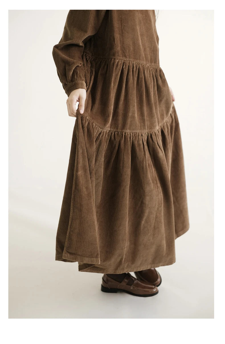 Japanese Style Long Sleeve Corduroy A-Line Dress Loose Slimming Simple Design Women's plus Size Dress Daily Wear Long Dress