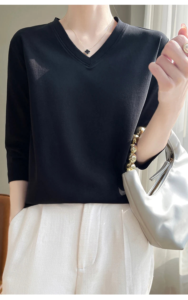 Spring And Summer New White Mercerized Cotton Cropped Sleeve T-shirt Feminine Joker 100% Cotton Bottoming Shirt Half Sleeve
