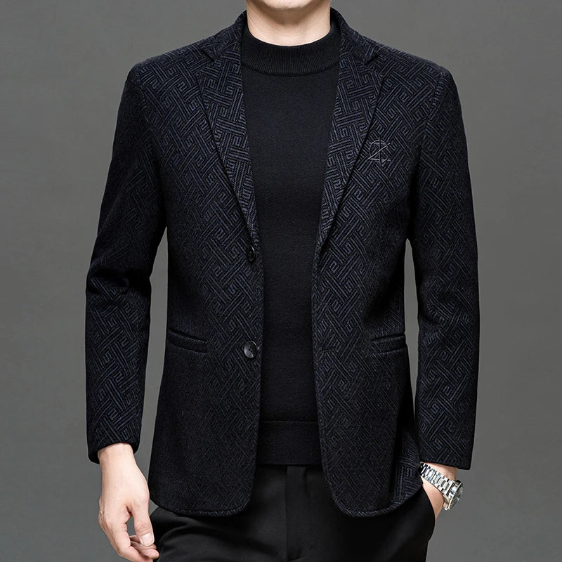 Autumn Winter Men Elegant Padded Blazers Coffee Navy Personality Pattern Suit Jackets Male Slim Fit Tailored Outfits Garments