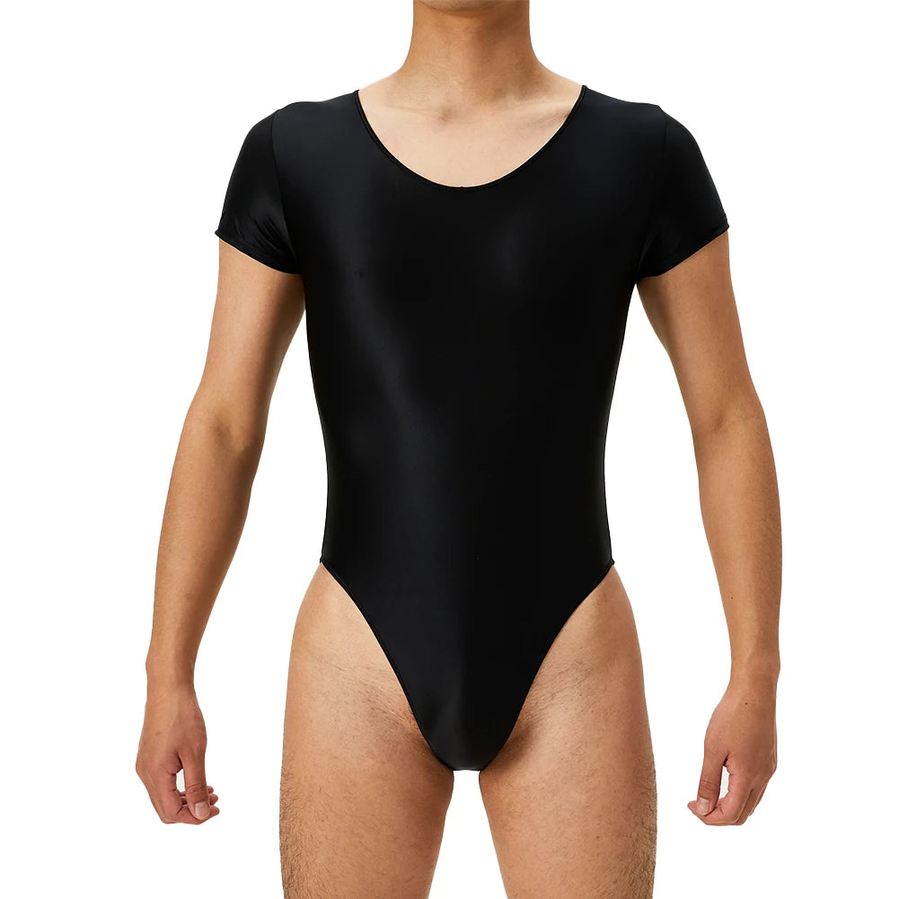 Men's Bodysuit Short Sleeve Oil Shiny High Cut Shapers Leotard Elastic Man Women Sexy Lingerie Jumpsuit Underwear