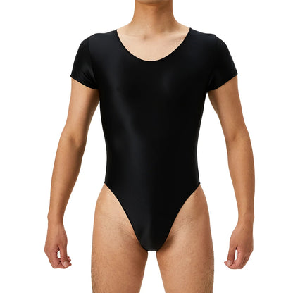 Men's Bodysuit Short Sleeve Oil Shiny High Cut Shapers Leotard Elastic Man Women Sexy Lingerie Jumpsuit Underwear