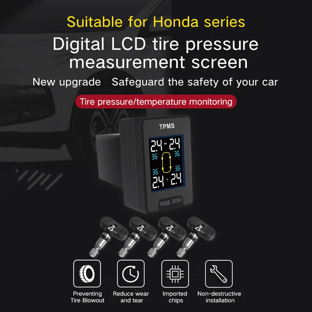 For Honda series Car TPMS Tire Pressure Monitoring System 4 Sensors Digital LCD tire pressure measurement screen buzzer warning