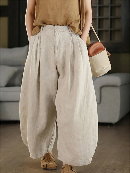 New 2026 Summer Wide Leg Pants Loose Fit Linen Trousers for plus Size Women Simple Vintage Style Casual High Waist Trousers