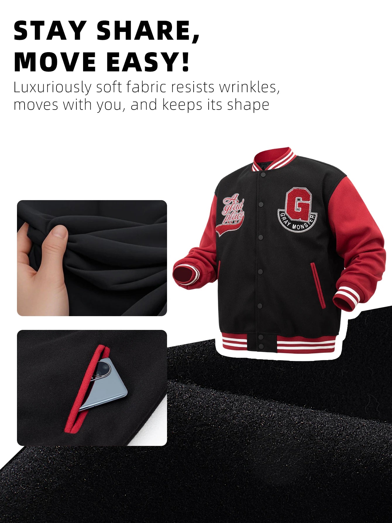 Men's Letterman Jacket Vintage Vasity Baseball Coat Casual Streetwear Outerwear with 'G' Letter Embroidery & Inner Pocket