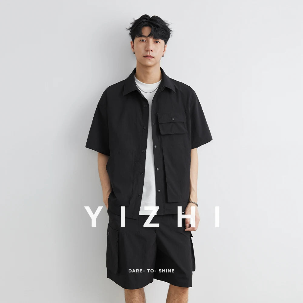 Summer Men Loose Casual Short Sleeve Cargo Shirt Shorts 2 Piece Sets Suits Cityboy Streetwear Fashion Tracksuits Men's Suits