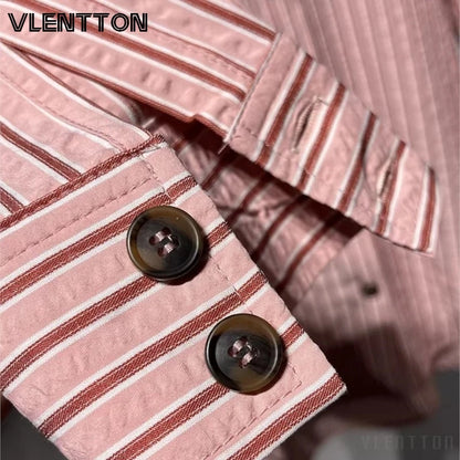 2026 Spring New Women Fashion High-Neck Pink Striped Shirt Casual Button Long Sleeves Loose Versatile Blouse Tops Female