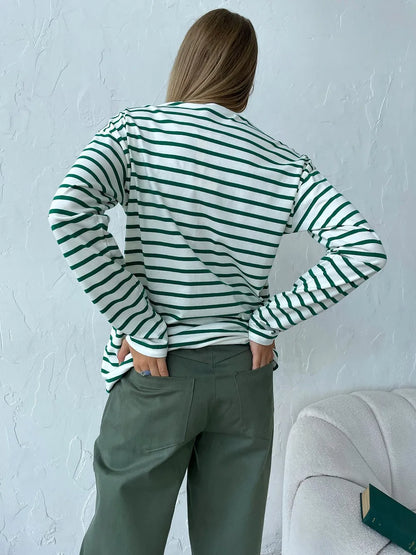 Bornladies 2025 Summer Long Sleeve Striped T-Shirts Women Basic Casual Tops Female Cozy Loose Cotton Tees Harajuku T Shirt New