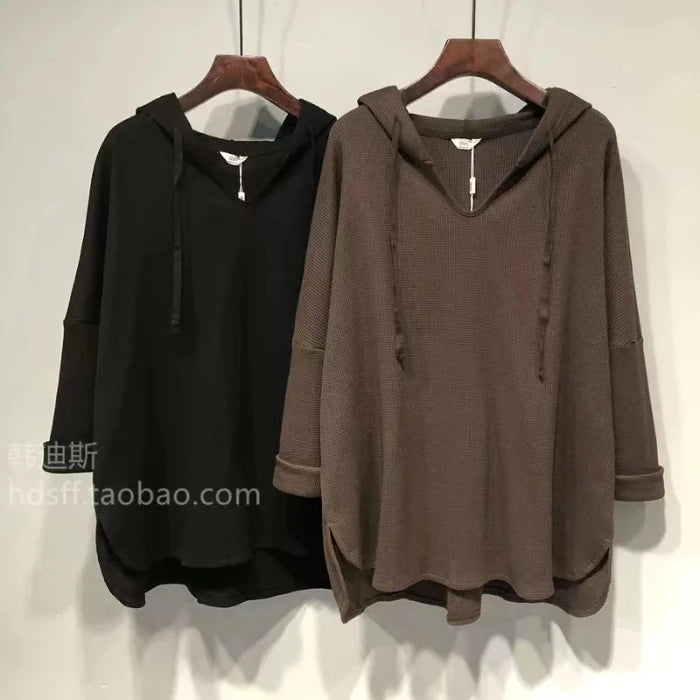 plus Size Women's Long Sleeve T-Shirt Loose Fit Belly Covering Spring Autumn Korean Style Hooded Asymmetrical Hemline Slimmin...