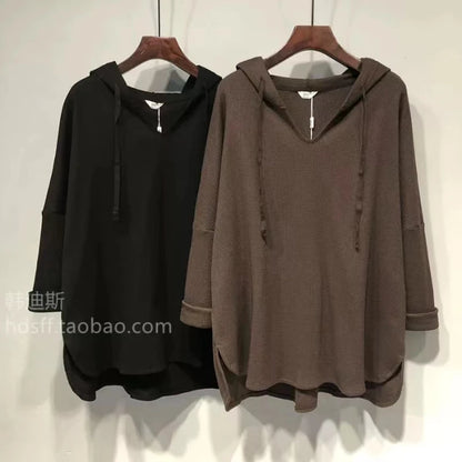 plus Size Women's Long Sleeve T-Shirt Loose Fit Belly Covering Spring Autumn Korean Style Hooded Asymmetrical Hemline Slimmin...