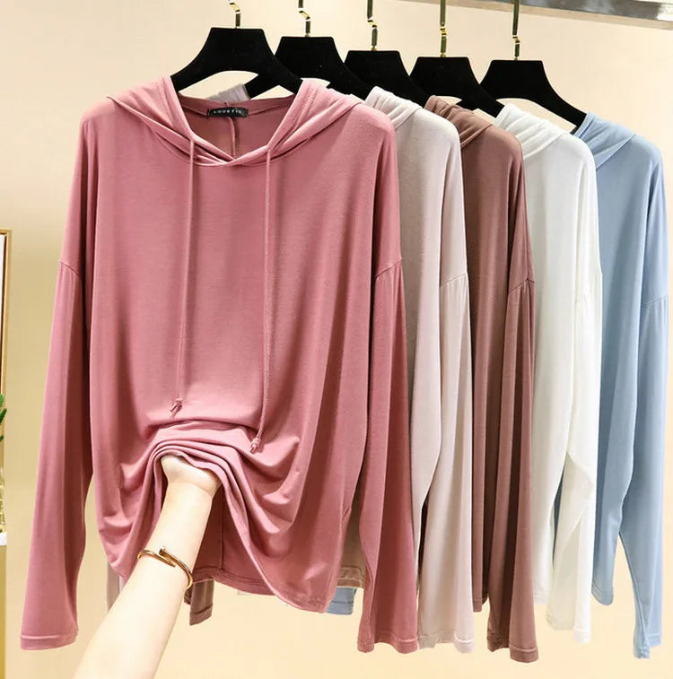 Spring Summer New Modal Long Sleeve Hoodie T-Shirt Women plus Size Loose Base Shirt Slimming Sun Protection Top Korean Style