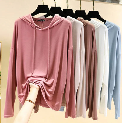 Spring Summer New Modal Long Sleeve Hoodie T-Shirt Women plus Size Loose Base Shirt Slimming Sun Protection Top Korean Style