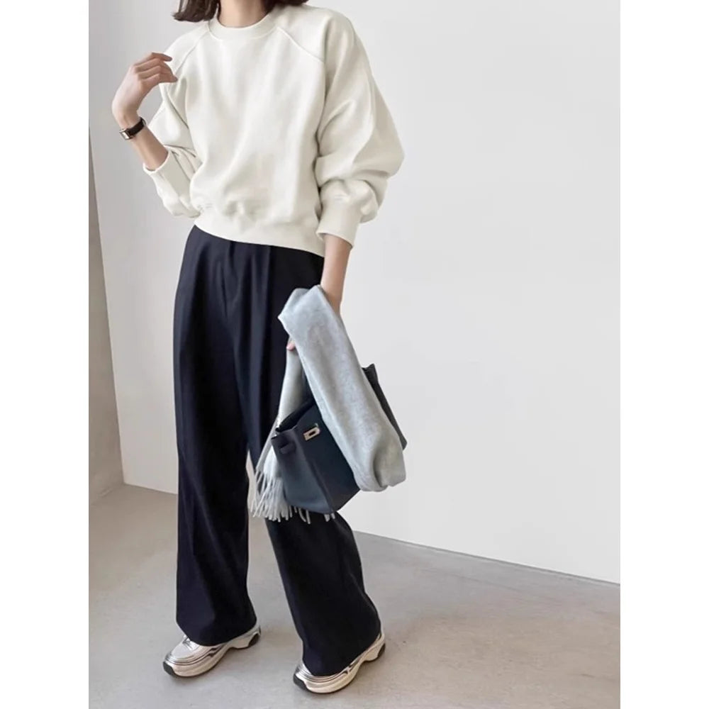Retro Shoulder Sleeve round Neck Sweatshirt Women's Spring Autumn Fashion Casual Short Style Overhead Top Polyester Fiber