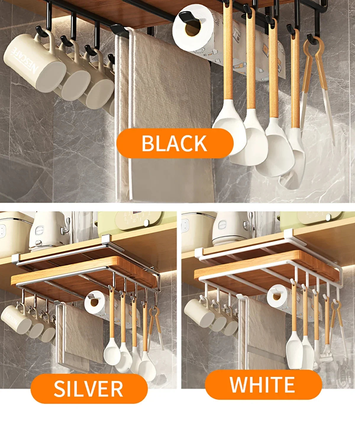 Installation-free Kitchen Cabinet Under Shelf No-Punch Large Capacity Storage Board Pot Cover Holder Towel Tissue Storage Rack