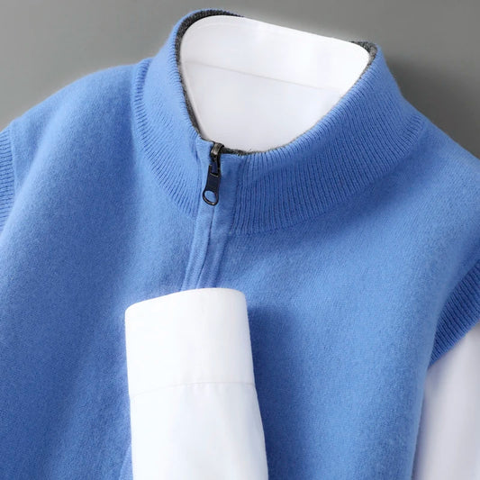 Autumn and winter 100% pure wool cardigan men's zipper stand collar double-sided sweater sleeveless knitted cashmere vest
