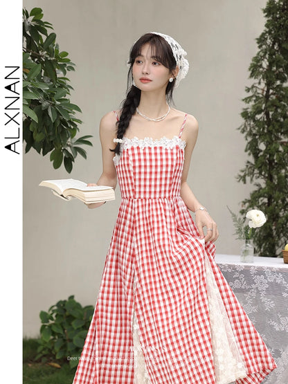 ALXNAN Plaid Lace Panel Sleeveless Dress Long A-line Women's Holiday Party Dresses Fashion Elegant Travel Female Clothing L53525