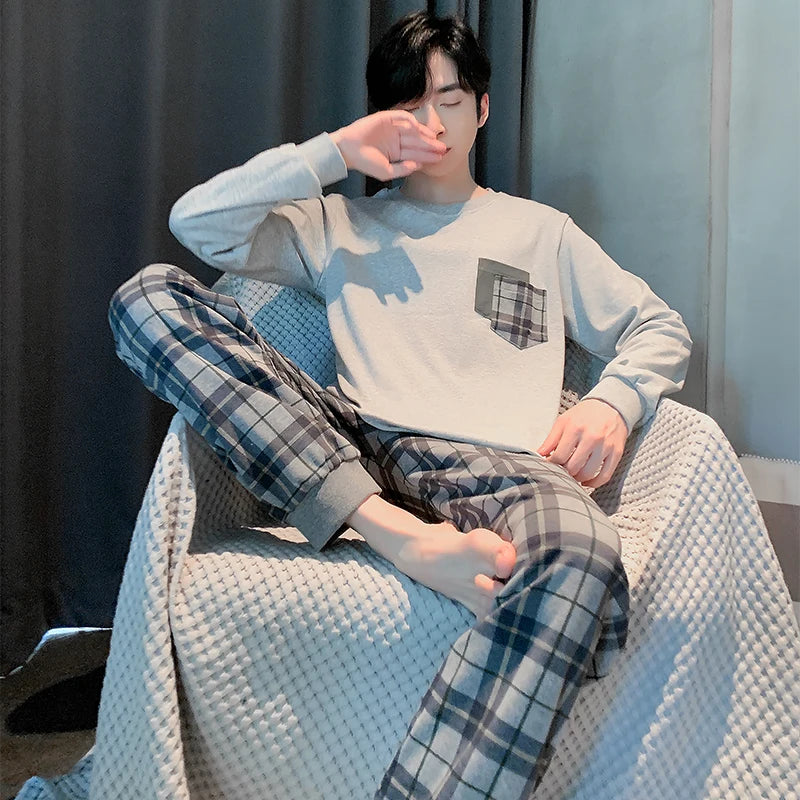 Soft Cotton Pajamas Autumn Men's Plaid Sleepwear Big Yards L-4XL Pajama Sets Casual Sleep&Lounge Pyjamas Pijamas Hombre