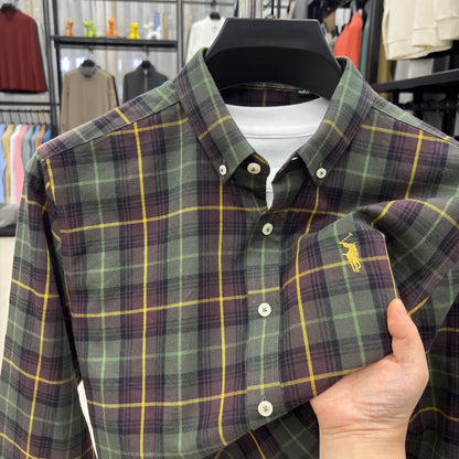 Men's 100% Cotton Brushed Plaid Long Sleeve Shirt, Small Horse Embroidery, Spring Autumn Business Casual Inner Wear Tops