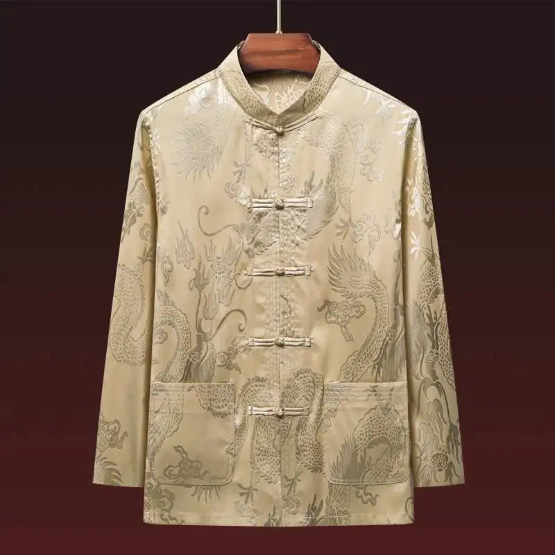 Men's Long Sleeve Ice Silk Tai Chi Suit Traditional Chinese Hanfu Vintage Style Tang Costume Elderly Fashion Dad's Clothing