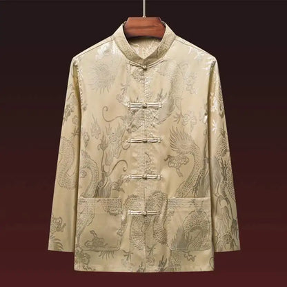 Men's Long Sleeve Ice Silk Tai Chi Suit Traditional Chinese Hanfu Vintage Style Tang Costume Elderly Fashion Dad's Clothing