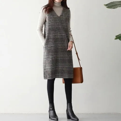 Mid-Length Woolen Ba Zipper Svel Dr Large Size Women's Faion V-Ne Slimming Midi Dr Autumn Casual Sle