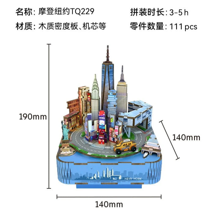 New Tonecheer New York London Paris Music Box Wooden Puzzle Blocks Diorama Model Kit 3D Wooden Doll Decoration Toy Birthday Gift
