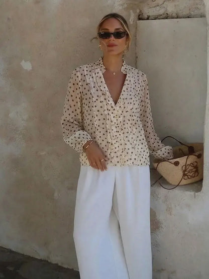 HH Women Elegant Fashion Polka Dot Ruffled Blouse V Neck Long Sleeve Shirt Summer Translucent Thin Tops High Street Chic Shirts