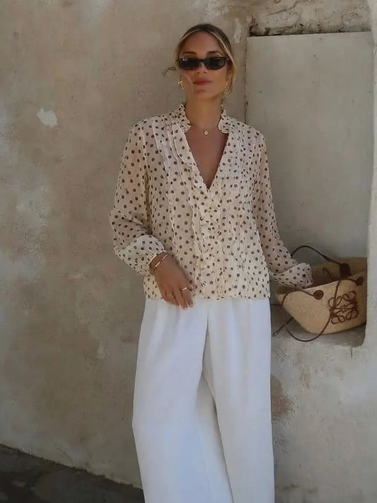 HH Women Elegant Fashion Polka Dot Ruffled Blouse V Neck Long Sleeve Shirt Summer Translucent Thin Tops High Street Chic Shirts