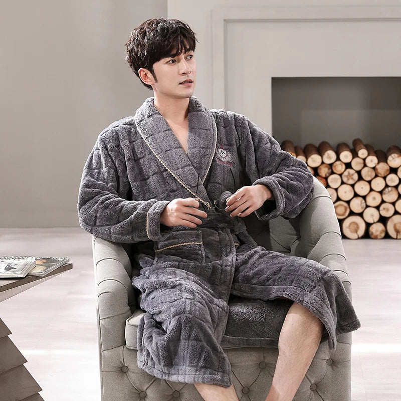 Men Sleepwear Robe Winter Flannel Thicken Terry Robe Male Long Sleeve Kimono Warm Bathrobe Home Wear Peignoir Men Robe