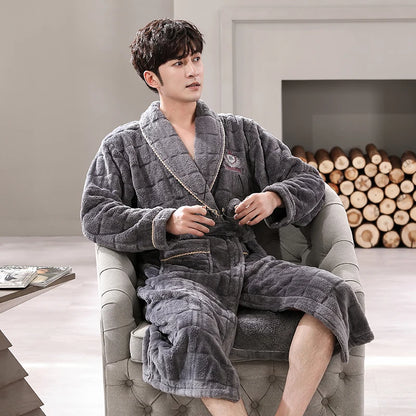 Men Sleepwear Robe Winter Flannel Thicken Terry Robe Male Long Sleeve Kimono Warm Bathrobe Home Wear Peignoir Men Robe