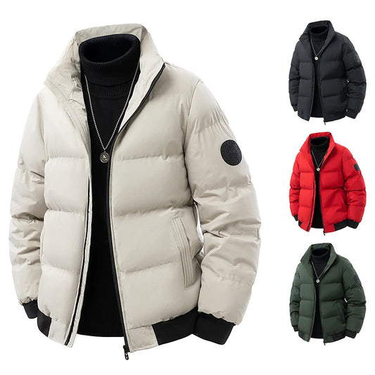 Men's 3D Quilted Puffer Jacket, Thickened Cotton Winter Coat, Stand Collar Warm Outerwear Cold Weather / Daily Wear