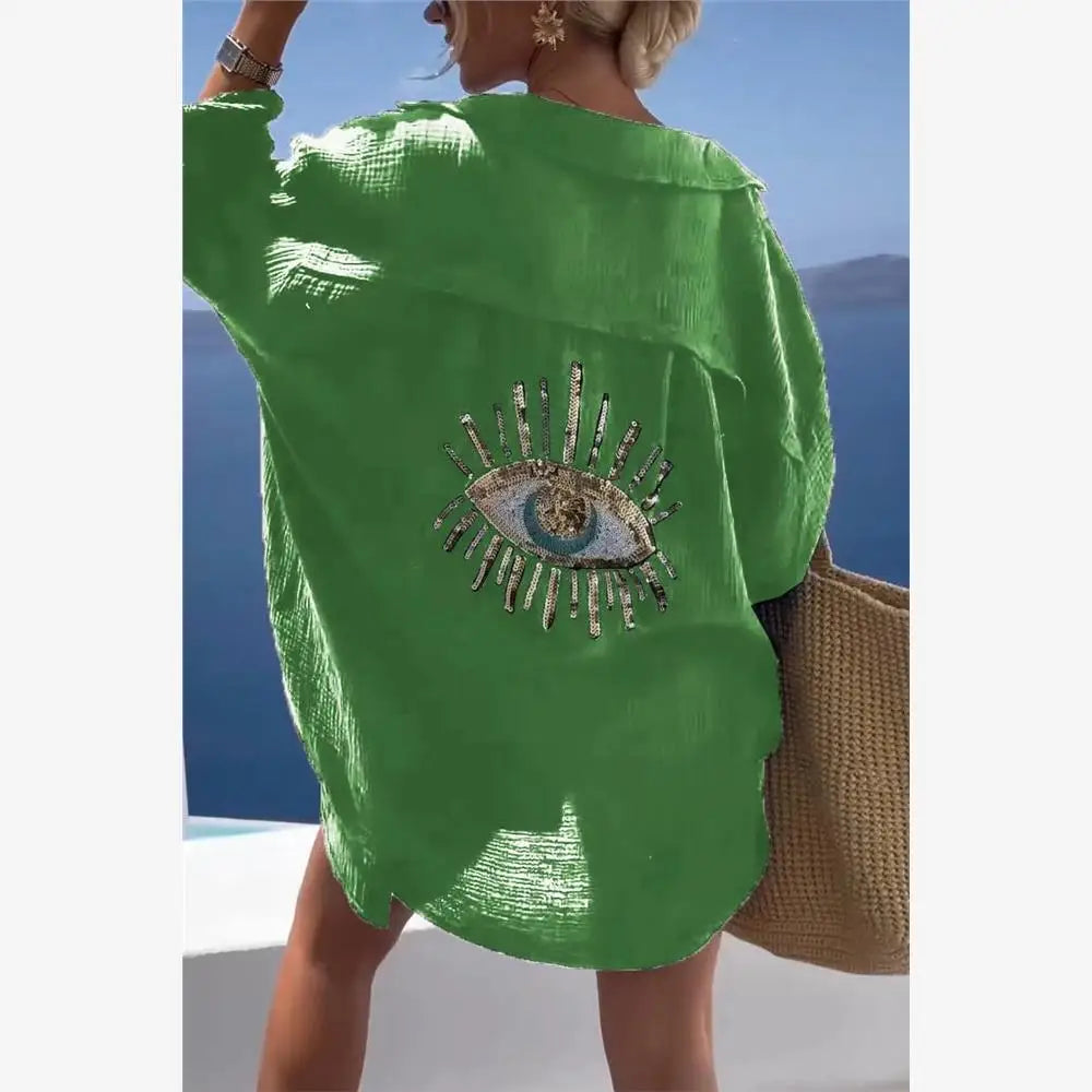 Spring Summer 2024 Women's Casual Evil Eye Shirt Long Sleeve Turn-down Collar Regular Length Other Material 100% Fashion Ladi...