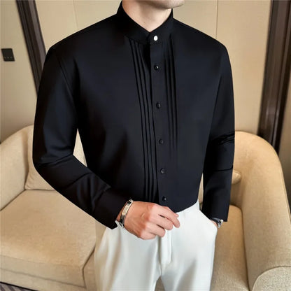 Men Shirt Stand Collar Business Solid Color Casual Slim Fit Long Sleeved Formal Dress Shirt Groom Wedding Party Men Clothing