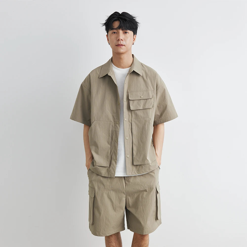 Summer Men Loose Casual Short Sleeve Cargo Shirt Shorts 2 Piece Sets Suits Cityboy Streetwear Fashion Tracksuits Men's Suits