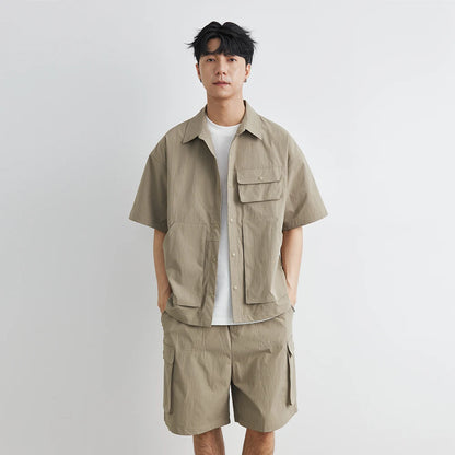 Summer Men Loose Casual Short Sleeve Cargo Shirt Shorts 2 Piece Sets Suits Cityboy Streetwear Fashion Tracksuits Men's Suits