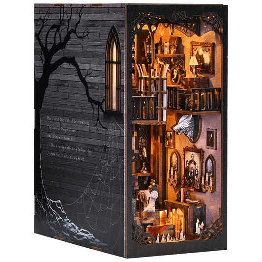 Book Nook Kit The Dark Family DIY Wooden Puzzle Gothic Style Halloween Bookshelf Dollhouse Model Bookend Building Home Dec