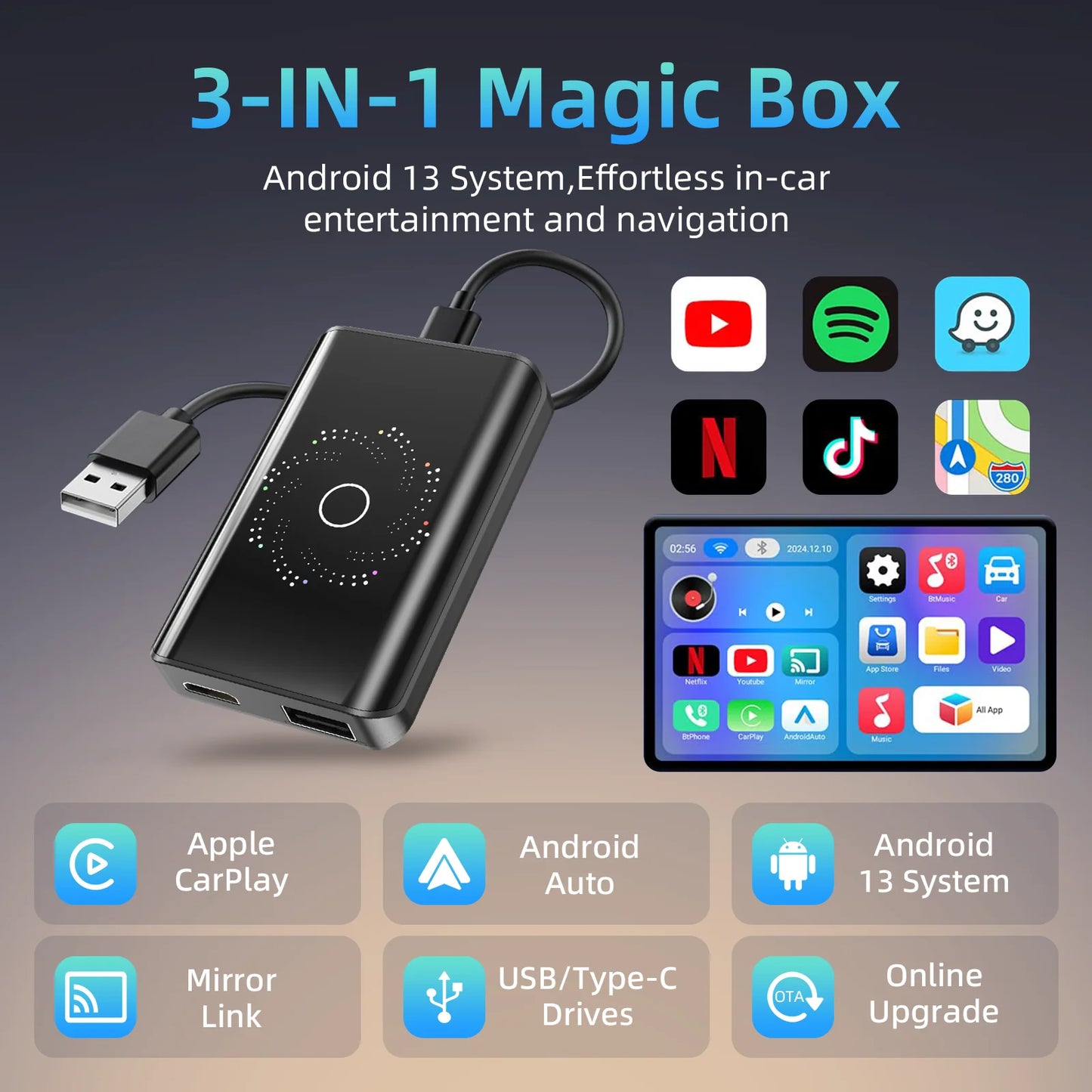 Carplay AI Box Android 13 Wireless Android Auto Smart TV Box For Youtube Netflix Toyota Mazda Hyundai Haval GMC Ford MG VW Kia
