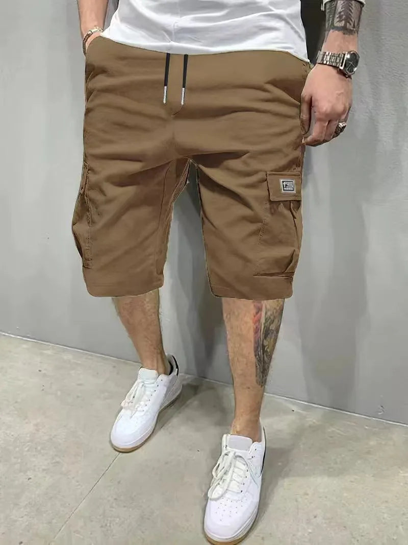 Men's Army Green Cargo Shorts Drawstring Waist Loose Fit Multi Pocket Shorts Men Summer Streetwear Casual Knee Shorts
