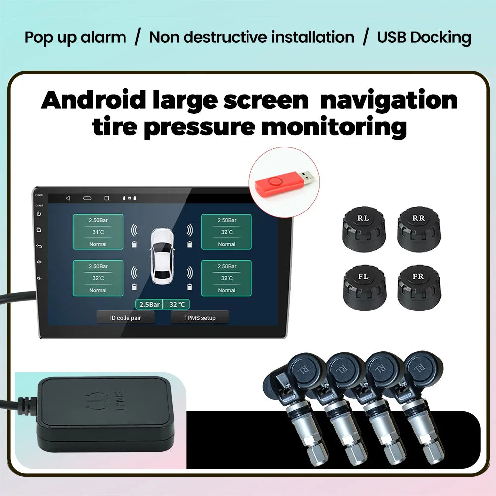 NaviFly Android USB TPMS Tire Pressure Monitoring System Display Alarm System Internal External Sensors For Car Navigation Radio